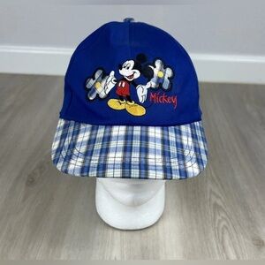 Vintage 90s Mickey Unlimited Plaid Embroidered Flowers Blue Hat Cap Elastic Band